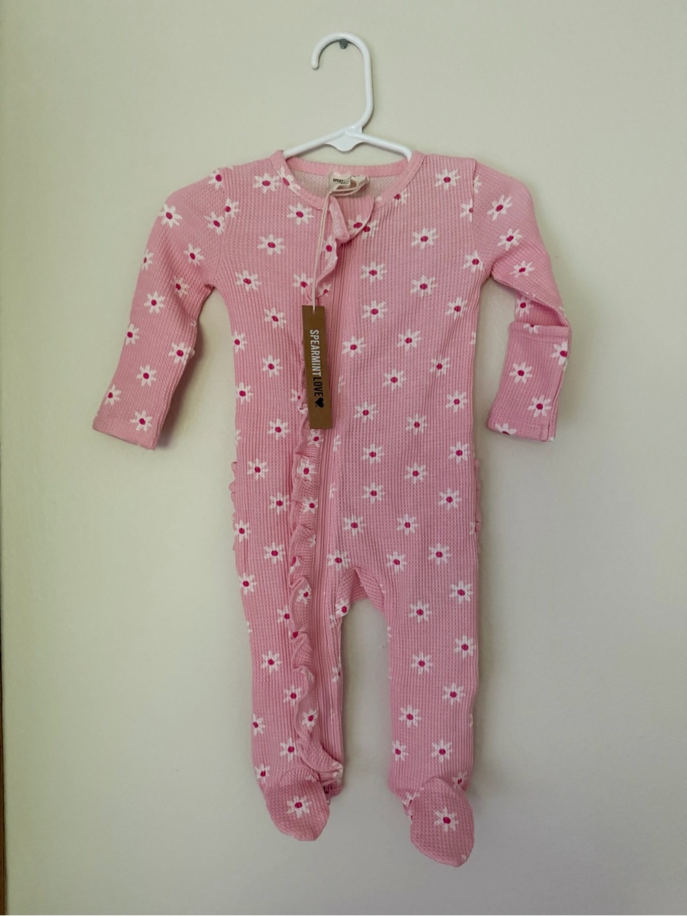 Girls' Pink Floral Ribbed Footed Pajama One-Piece with Ruffle Trim